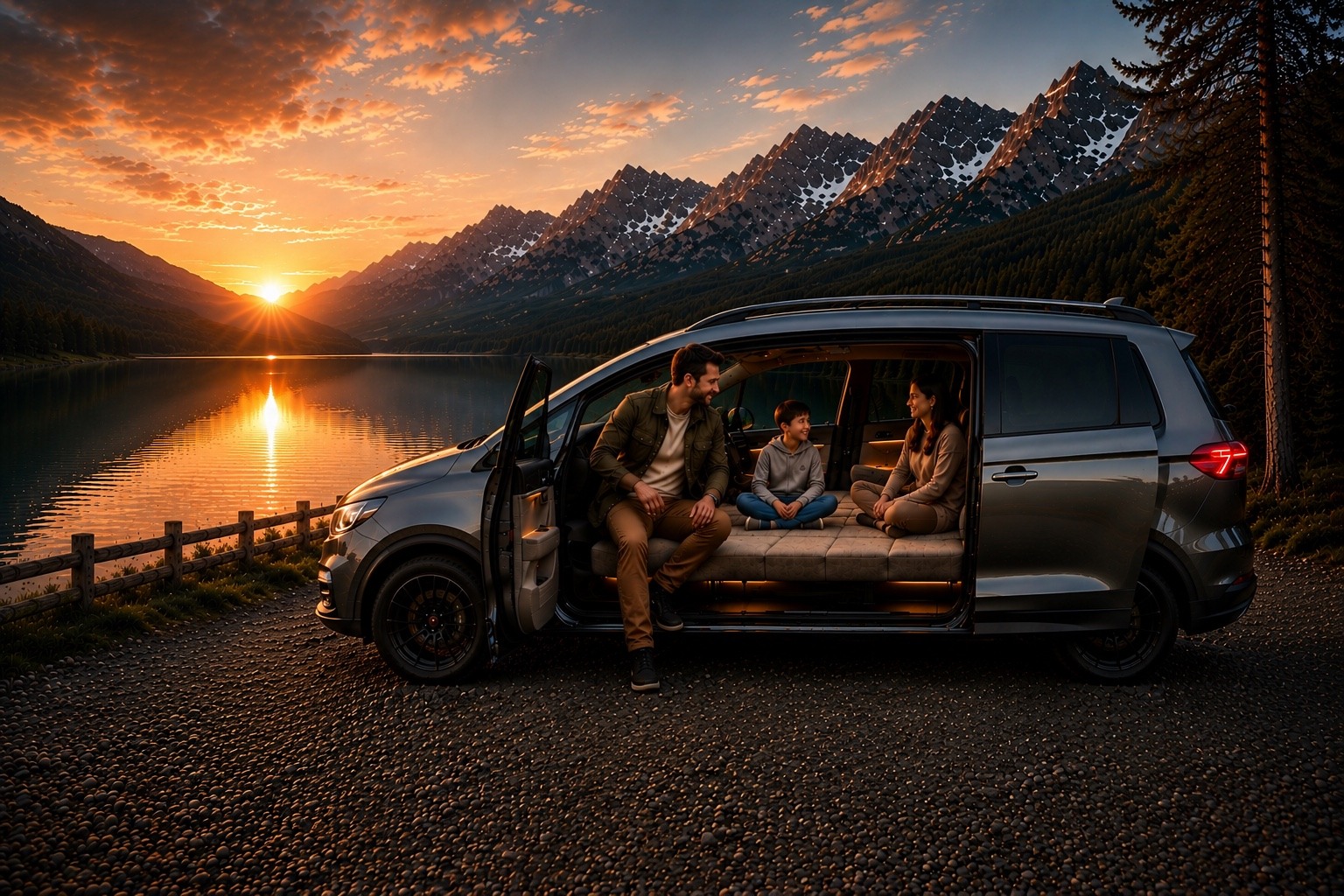 Family relaxing in an ALLEY ONE vehicle beside a mountain lake at sunset