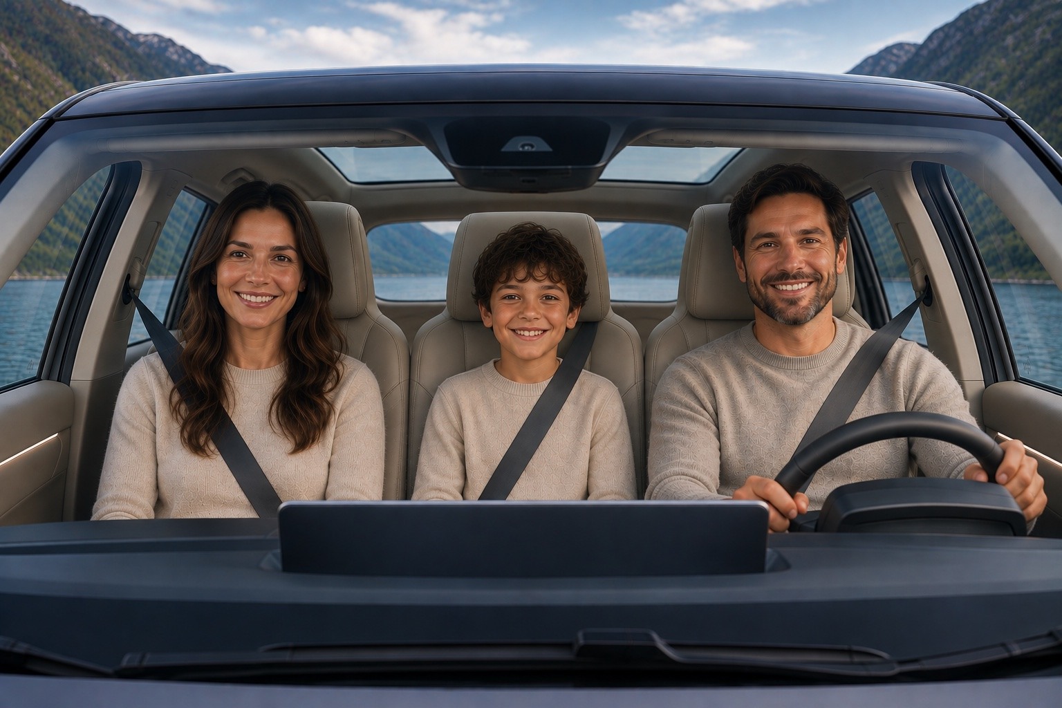 Three family members seated side by side in the vehicle interior