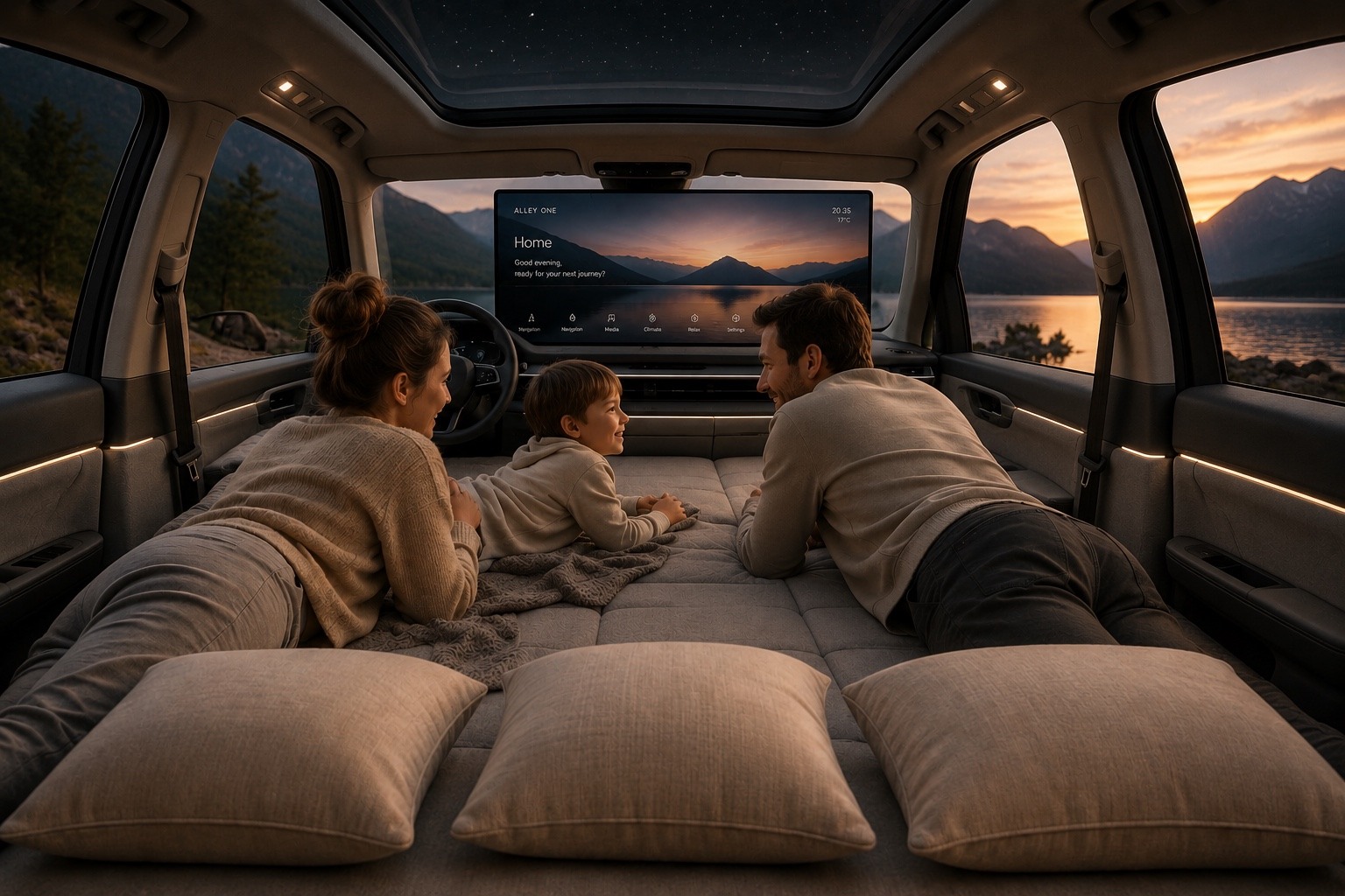 Family relaxing on the continuous level lounge surface inside ALLEY ONE