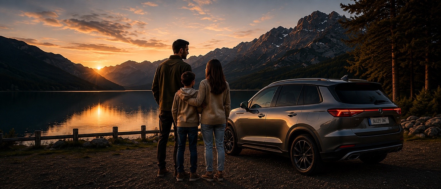 Family overlooking a mountain lake beside the ALLEY ONE vehicle